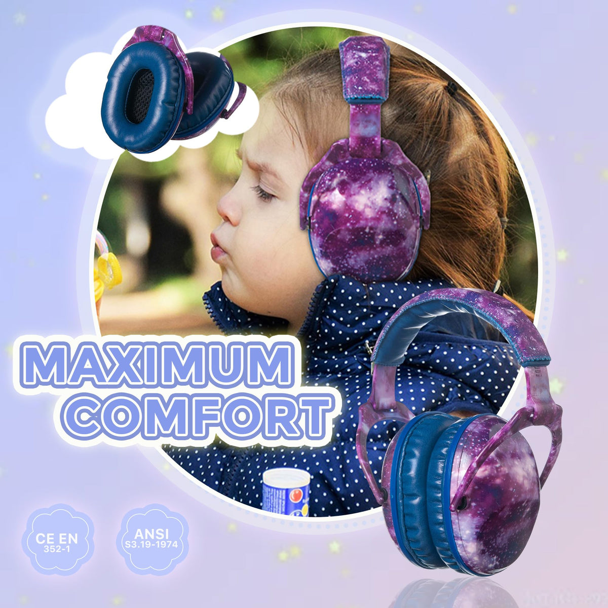 Kids Ear Protection Safety Ear Muffs, NRR 25dB Noise Reduction Children Earmuffs, Hearing Protectors for Sleeping, Studying, Airplane, Concerts, Fireworks-Nebula with Blue Band - color: Blue Band Nebula